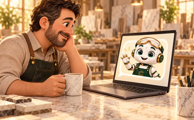 Cost saluda desde el chat en un computador mientras el dueño del taller se toma un café