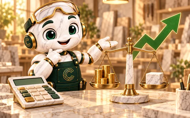 Cost junto a una calculadora y una balanza con monedas y un bloque de mármol