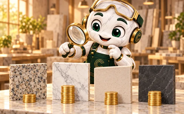 Cost compara con una lupa muestras de granito, mármol, cuarzo y sinterizado