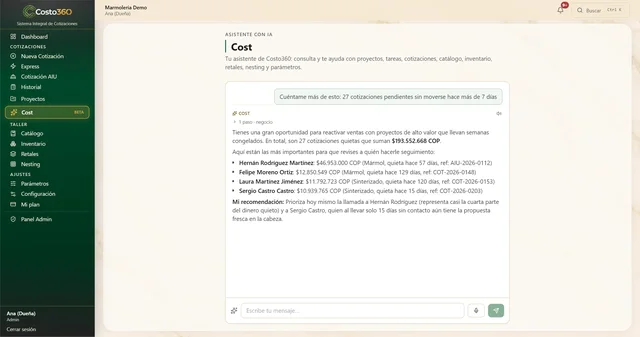 Cost, el asistente de Costo360, mostrando con cifras de la cuenta demo las cotizaciones quietas que conviene llamar primero y qué hacer esta semana.