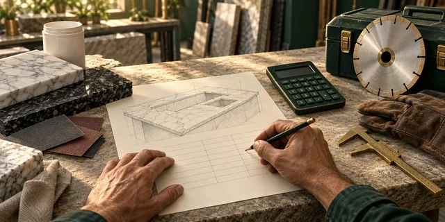 Ilustración de las manos de un artesano calculando un trabajo, junto a muestras de piedra, insumos y herramientas.